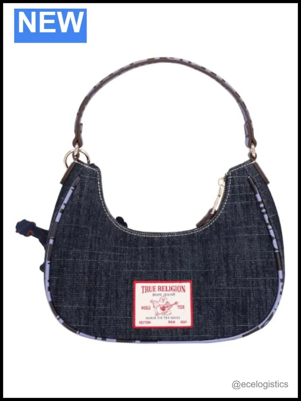 True Religion Hobo Bag Navy Shoulder Purse Women Denim Blend Gold Hardware